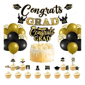 Congrats Grad Gold & Black Graduation Party Decorations
